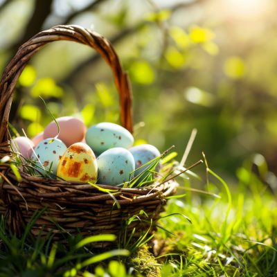 Ein Korb mit bunten Ostereiern steht im Gras und wird von warmem Sonnenlicht beleuchtet.